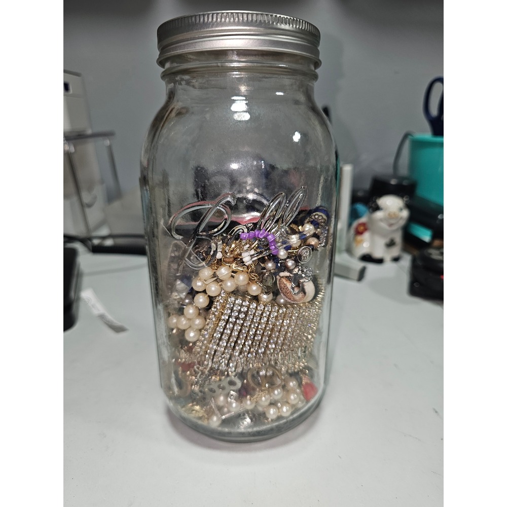 Mixed Jewelry Lot in Ball Mason Jar 4.95lb Rhinestone Pearl Beaded Costume Lot